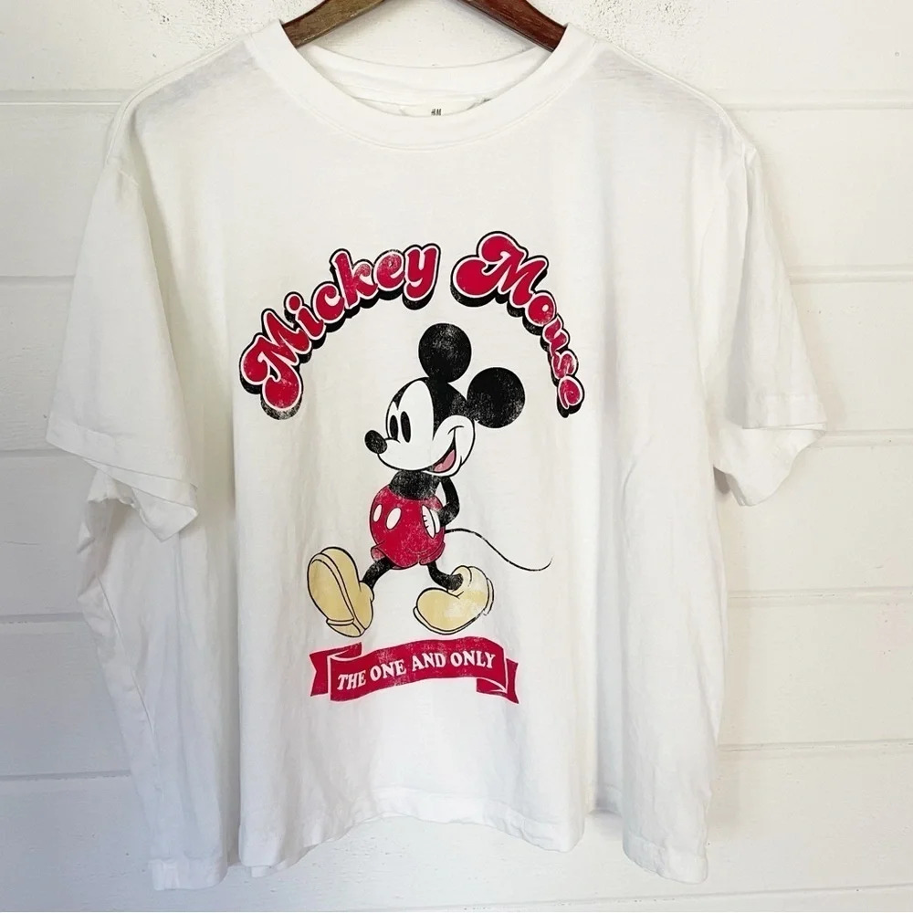 H&M Women’s White Printed Mickey Mouse Short Sleeve Crewneck Tee Size XXL